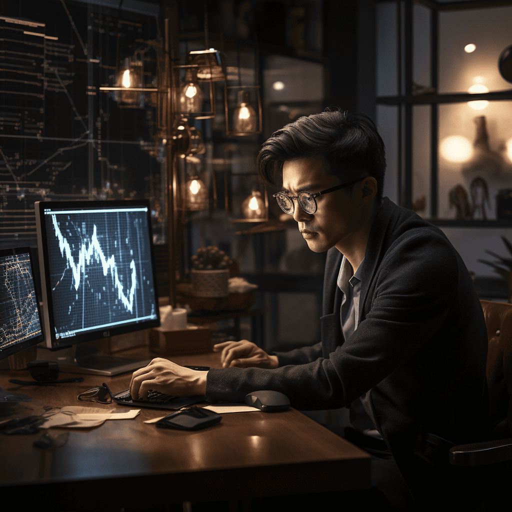 A young man with glasses sitting at a desk looking at a computer monitor that is displaying a graph.