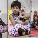 Three photos: Lakshman, a young boy; Rekha, a young girl; and Pastor Babu Prasad ministering to Gowindappa, their leprous grandfather, in a hospital.