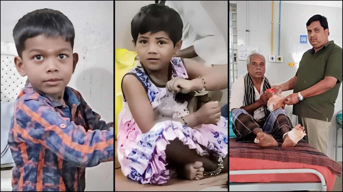 Three photos: Lakshman, a young boy; Rekha, a young girl; and Pastor Babu Prasad ministering to Gowindappa, their leprous grandfather, in a hospital.