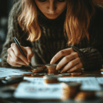 A lady is seen holding a pen and counting coins while sat at a table.