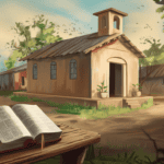 A peaceful rural village with a small church at its center, surrounded by modest houses and greenery. An open Bible rests on a wooden table in the foreground, symbolizing faith and devotion.