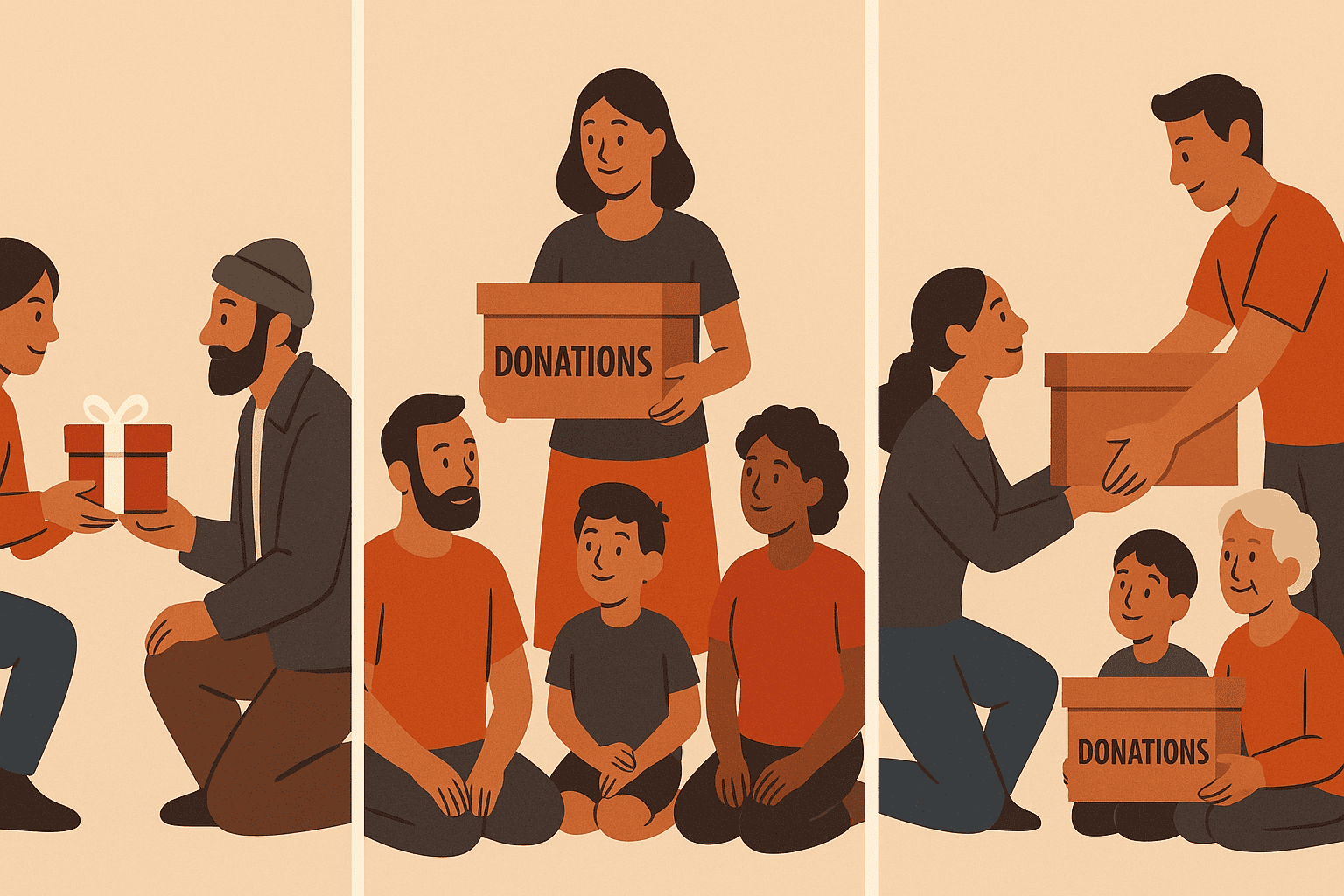 Three frames depict one person giving a gift to another, then one person giving a gift to three, and finally several people giving a gift to one.